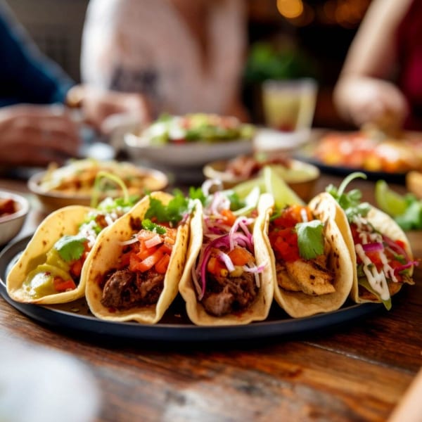 A plate of five vibrant Anejo Cantina and Grill tacos with various fillings and toppings.