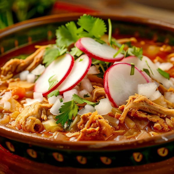 A close-up of a bowl of Anejo Cantina and Grill's pozole, garnished with radishes, onions, and cilantro.