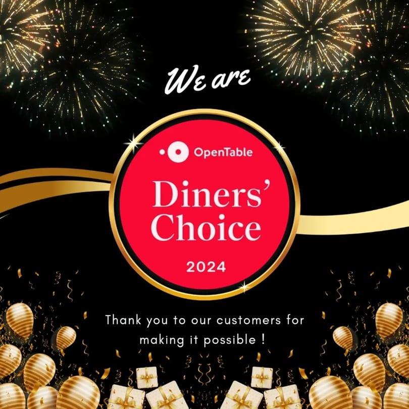 OpenTable Diners' Choice 2024 award on a black background with fireworks, balloons, and gifts.