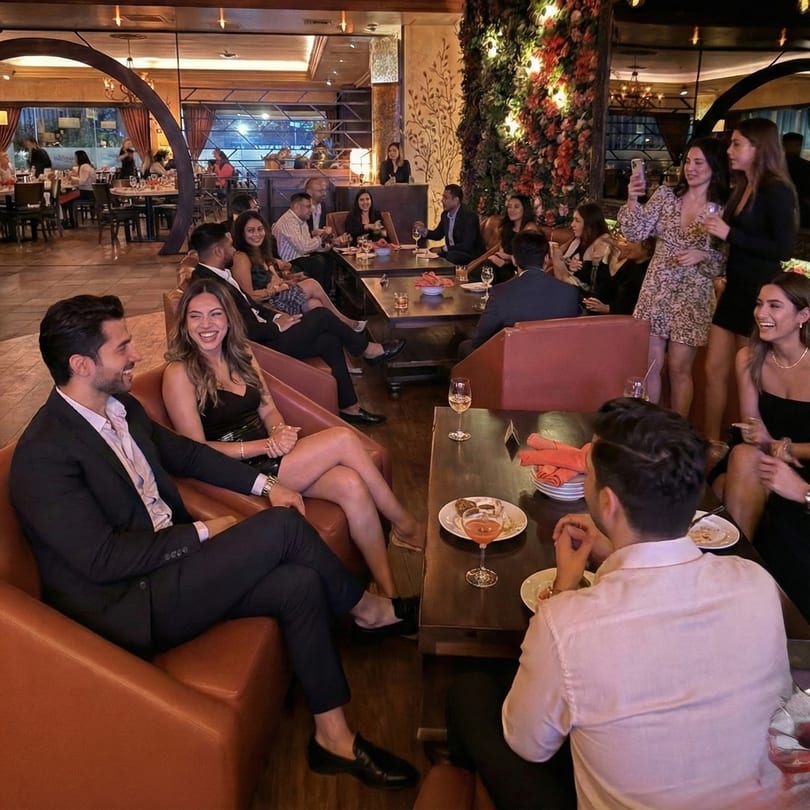 Patrons enjoying drinks and conversation in the lively, dimly lit Anejo Cantina and Grill.