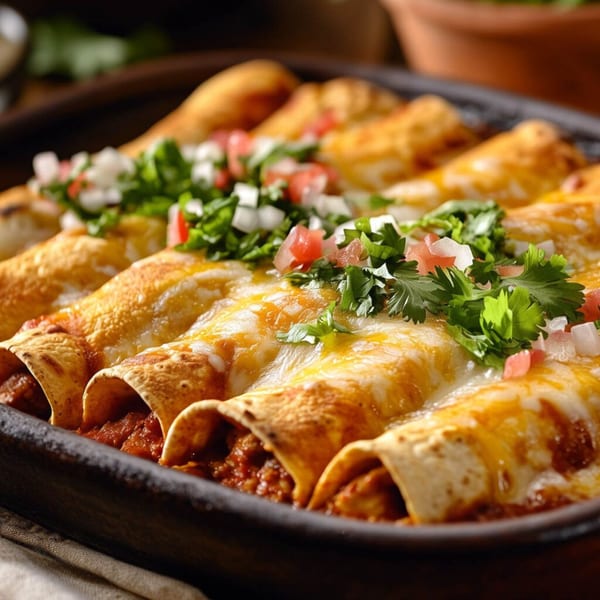 A close-up of Anejo Cantina's enchiladas, topped with melted cheese, diced tomatoes, onions, and cilantro.