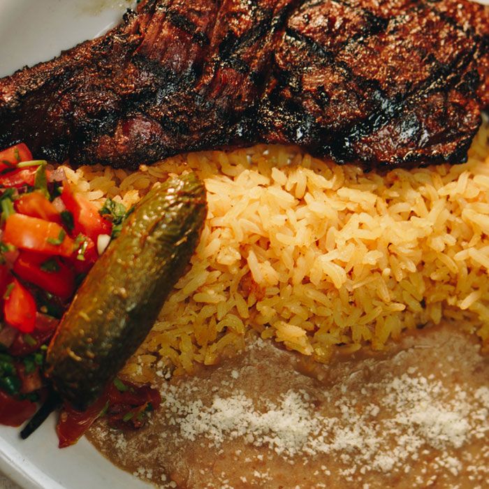 Mexican Food, Steak with beans, rice and pico de gallo