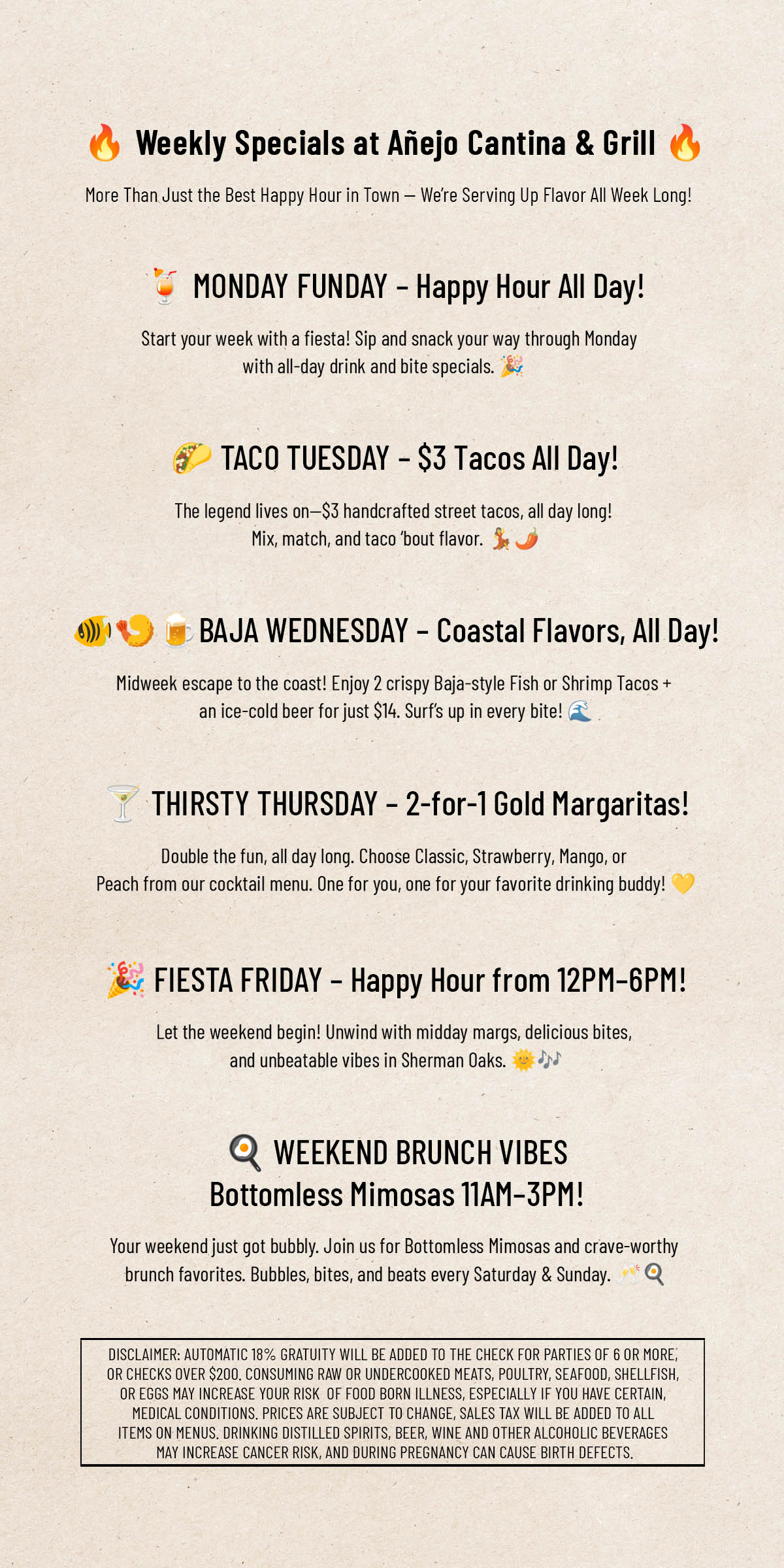 Weekly Specials at Añejo Cantina & Grill